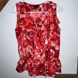 Apostrophe Red and Pink Ruffled Tie Front Peplum Blouse
